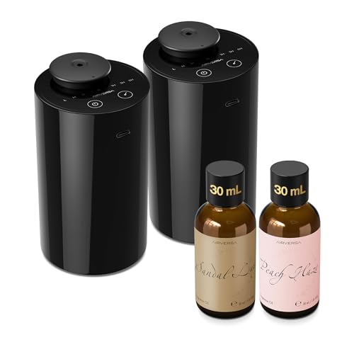 Airversa Waterless Essential Oil Diffuser Starter Kit with 2 x 30mL Fragrance Oil, Battery Operated Mini Scent Air Machine Portable Diffuser for Home Car Office Room, Black AN6 2 Packs Kit - color: A1 Black&black2