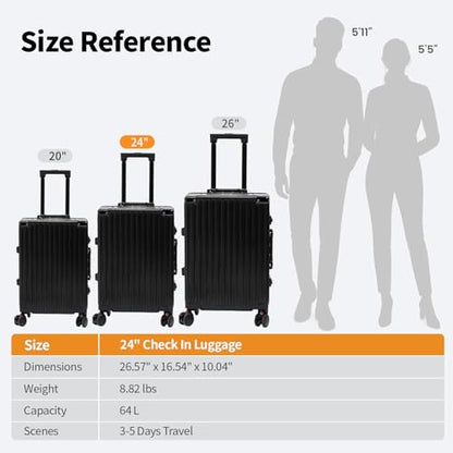 VentureVault 24 Inch Luggage With Spinner Wheels, Aluminum Frame Zipperless Suitcase, PC Lightweight Hard Shell with TSA Lock, Checked Medium Suitcase 24-Inch (Black) - color: Black, size: 24inch