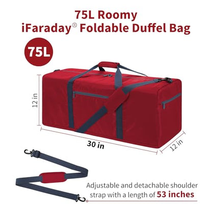 iFARADAY Foldable Duffle Bag 30 inch 75L Large Lightweight Luggage Bag for Travel Camping Storage-Red - color: Red-75L(with shoulder strap)