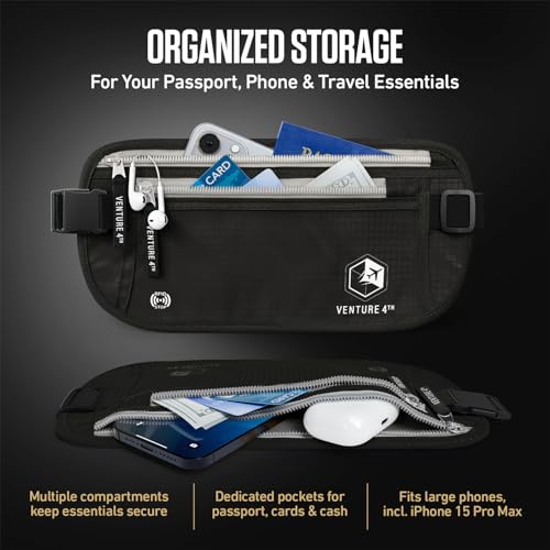 VENTURE 4TH Money Belt for Travel – Slim Hidden Under-Clothes RFID Blocking Anti-Theft Passport Holder & Travel Wallet Pouch for Men & Women to Protect Cash, Cards & Documents (Black) - color: Black