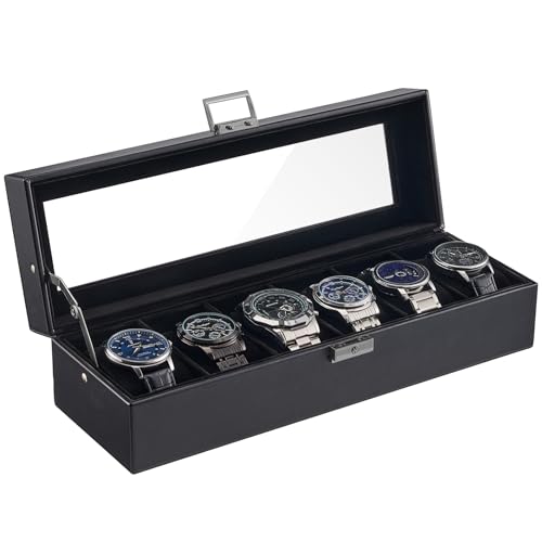 ProCase 6 Slot Watch Case Box for Men, PU leather Man Watch Organizer with Soft Pillow, Lockable Watch Collection Storage Holder with Glass Display Lid, Fathers Day Gift for Dad -AllBlack - color: AllBlack, size: 6-Slot