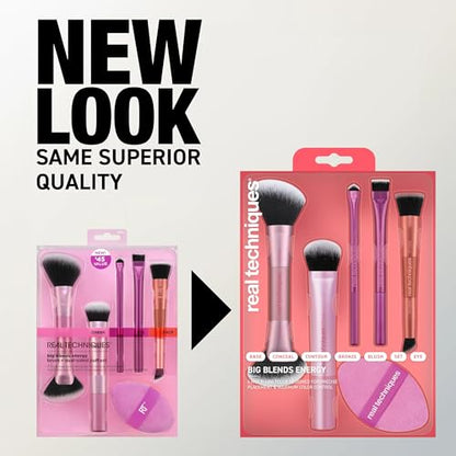 Real Techniques Big Blends Energy Brush + Dual-Sided Puff Kit, 6 Piece Face Makeup Brush & Puff Set for Foundation, Concealer, Powder & Blush, Travel Friendly, Cruelty-Free & Vegan