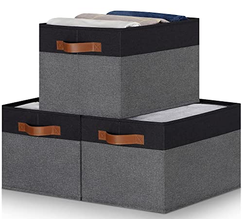 Large Fabric Storage Bins, Foldable Fabric Storage Baskets for Shelves, Sturdy Storage Boxes with PU Handles for Organizing Closet Home Bedroom Office (26L, 3 Packs, Grey&Black) - color: Black with Grey, size: Large-3pcs