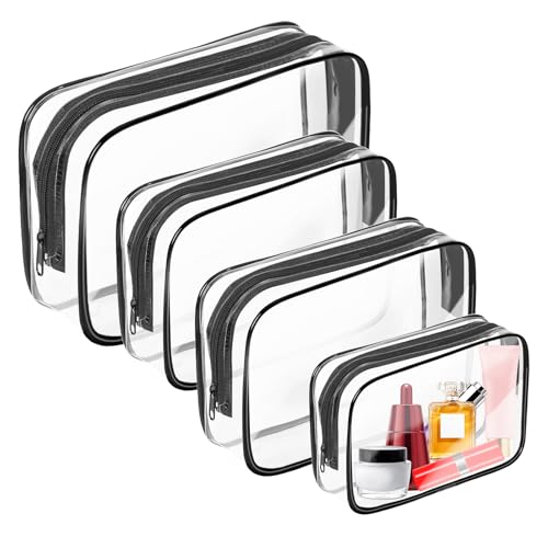 AURUZA Clear Makeup Bag,Portable Travel Toiletry Bags with Zipper, TSA Approved Clear Organizer Bags, PVC Cosmetic Pouch for Airport Airline Compliant - color: 4 Packs Black