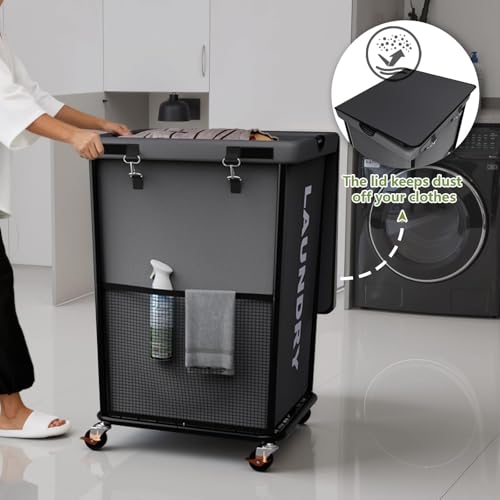 150L Laundry Basket with Wheels, Rolling Laundry Hamper with Cloth Cover, Laundry Cart with Metal Frame & Removable Bag, Large Dirty Clothes Hampers for Bedroom Aesthetic, Laundry Room Bathroom, Grey - color: Grey, size: 150L