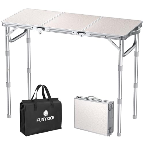 FUNYKICH 3ft Portable Folding Table with 3 Adjustable Height, 34.2'' Lx15.7'' W Camping Tables, Lightweight Aluminum Outdoor Picnic Table with Carry Handle for Car Camping, Outdoor Dining, Beach - size: 34.2''x15.7''x27.5''(White)