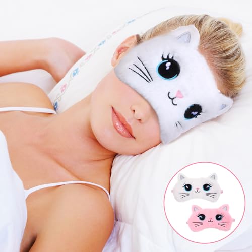 Kids Sleep Mask, 2 Pcs Cute Cat Sleeping Eye Mask Soft Plush Girls Sleep Masks Comfortable Funny Animal Night Eye Masks for Sleeping Blindfold Eye-Cover for Women Girls Home Travel (Pink, White) - color: White, Pink, style: Cat
