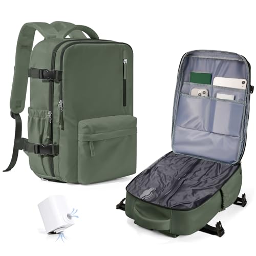 WONHOX Vacuum Seal Backpack for Travel with Air Pump Compression Daypack Personal Item Carry on Flight Approved Vacpack Laptop Space Saver Bags Storage with Vacuum System Travel Bag Women Men Green - color: A6-browngreen