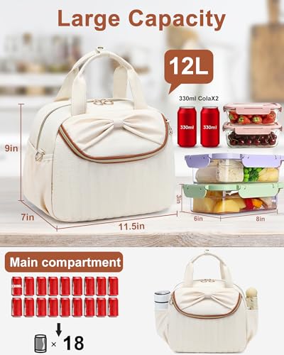 Bluboon Lunch Box for Women, Large Insulated Lunch Bag with Shoulder Strap, Adult Lunch Tote Teacher Nurse, Bow Lunch Cooler Gifts for Work Picnic Travel, Black (Biege) - color: Beige
