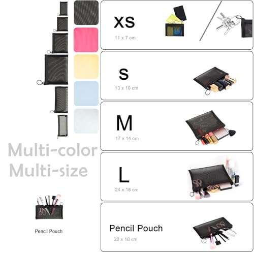 patu Zipper Mesh Bags, Long Case, 5 Pieces, Beauty Makeup Cosmetic Accessories Organizer, Travel Toiletry Kit Set Storage Pouch, Black - size: Long (7.9" x 4", 5 pcs)