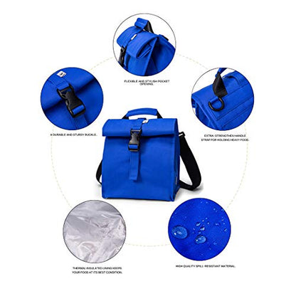 SUNNY BIRD Insulated Lunch Bag Rolltop Lunch Box Tote Lunchbox Bag for Women, Men, Adults and Kids (Blue) - color: Blue