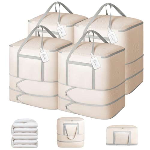 Comforter Storage Bag - 120L Bedding Storage Bags for Moving Closet, Washable Blanket Storage Bag, Ultra Space Saving Self Compression Organizer 4-Pack, Beige - color: Beige, size: 4 Pack - 3 Layer