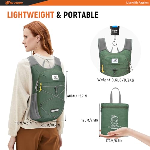 SKYSPER Foldable Hiking Backpack - 10L/15L Small Lightweight Daypack Breathable Travel Backpacks - color: Green, size: 10 l