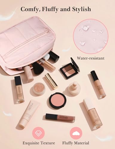 Noozion Makeup Bag Travel Toiletry Bag, Puffy Padded Cosmetic Bag for Women, Makeup Organizer Case, Wide-open Pouch Purse, Travel Essentials - color: Pink