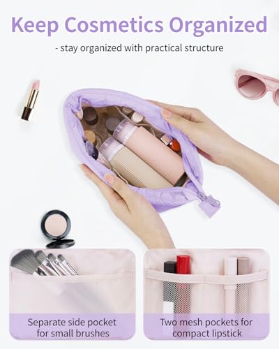 Narwey Travel Makeup Bag for Women Girl, Puffer Makeup Up Organizer Bag Cosmetic Bag, Puffy Cute Makeup Pouch Purse, Travel Toiletry Bag (Pruple) - color: Purple