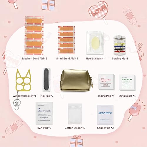 Kitgo Mini First Aid Emergency Clutch Kit -Mother Day Gift Compact Safety Pouch Party Bag with 27 Essential Items for Girl Lady Mother Wife Nurse for Girl Lady Mother Wife Nurse - color: Light Gold