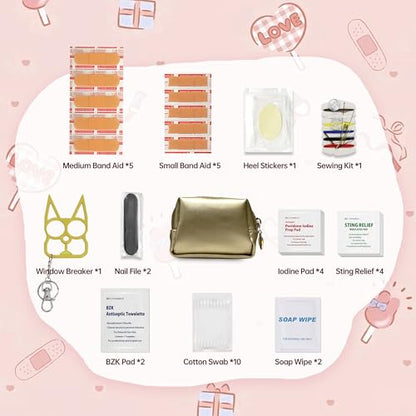 Kitgo Mini First Aid Emergency Clutch Kit -Mother Day Gift Compact Safety Pouch Party Bag with 27 Essential Items for Girl Lady Mother Wife Nurse for Girl Lady Mother Wife Nurse - color: Light Gold