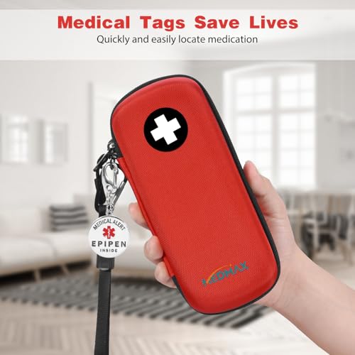MEDMAX Epipen Carrying Case with Medical Alert Tag, Hard Shell Shock Absorption Travel Medication Organizer Bag Emergency Medical Pouch Holds 2 EpiPens, Asthma Inhaler, Auvi-Q, Allergy Essentials, Red