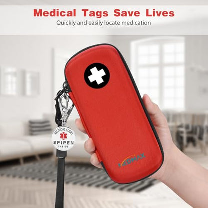 MEDMAX Epipen Carrying Case with Medical Alert Tag, Hard Shell Shock Absorption Travel Medication Organizer Bag Emergency Medical Pouch Holds 2 EpiPens, Asthma Inhaler, Auvi-Q, Allergy Essentials, Red