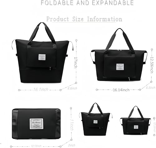 Large Capacity Foldable Travel Bag, Expandable lightweight Carry on Bag, Dry with Wet Separation Spor Duffel Bags (Black) - color: Black