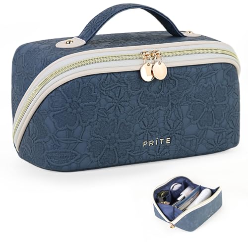 Prite Makeup Bag for Women Travel Waterproof Vegan Leather Cosmetic Bag Open Flat Toiletry Bag With Clear Divider and Handle (Blue Flower, Medium) - color: Blue Flower, size: Medium