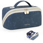 Prite Makeup Bag for Women Travel Waterproof Vegan Leather Cosmetic Bag Open Flat Toiletry Bag With Clear Divider and Handle (Blue Flower, Medium) - color: Blue Flower, size: Medium