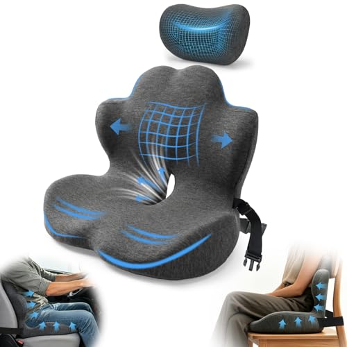 3-in-1 Memory Foam Seat Cushion & Headrest Pillow with Lumbar Support L-Shaped Ergonomic Driver Seat Cushions Design for Sciatica and Tailbone Pain Relief Comfort for Car,Truck,Chair - size: 18.3''x15.35''x12.4''