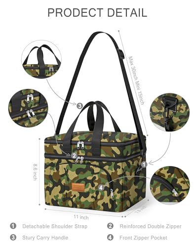 Rnivvi Lunch Box for Men, Double Decker Insulated Cooler Bag Lunch Bag Reusable Leakproof Tote Lunch Container with Strap for Work Family Picnic Camping, 18 Cans 12L, Large Adults, Green Camouflage - color: Green Camouflage