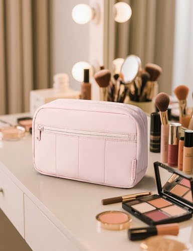 Noozion Makeup Bag Travel Toiletry Bag, Puffy Padded Cosmetic Bag for Women, Makeup Organizer Case, Wide-open Pouch Purse, Travel Essentials - color: Pink