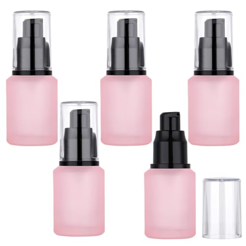Segbeauty 1oz Frosted Empty Glass Lotion Bottles, 5pcs Small Pump Bottle Travel Size Pump Dispenser, 30ml Pink Reusable Cosmetic Containers for Cream, Refillable Glass Travel Bottle for Toiletries - color: Pink, style: 5pcs 1oz