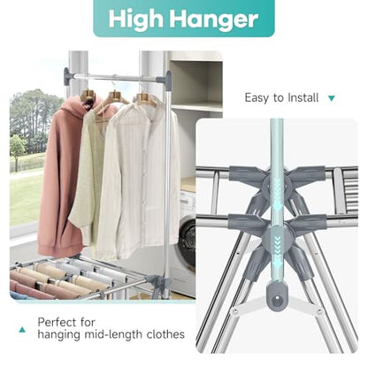 APEXCHASER Clothes Drying Rack with High Hanger, Foldable 3-Level Drying Racks with Shoe Rack, Crossbar and Vertical Rod Laundry Stand with Adjustable Wings Grey - color: Gray, size: 2 Wings
