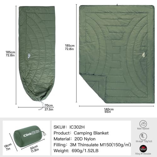 iClimb 3M Thinsulate Insulation Warm Camping Blanket Ultralight Compact - color: Green, size: 72.8” × 55”, 1.52 lb