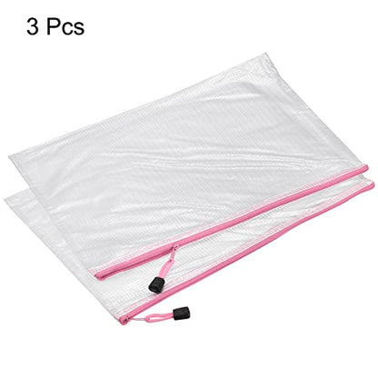 MECCANIXITY Mesh Zipper Bags, A3 Size Plastic Zip File Pouch Document Folders for Home Office Travel, Pink Pack of 3 - color: Pink