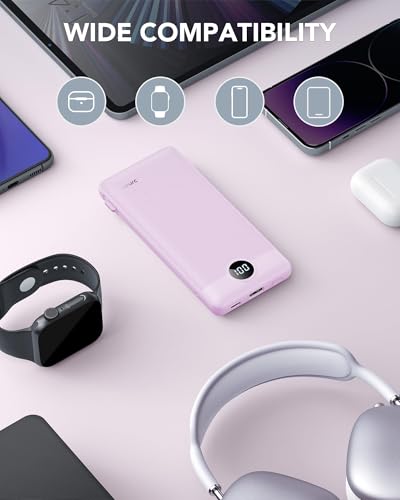 VRURC Portable Charger Built-in Cables and AC Wall Plug,USB C Power Bank 10000mAh, Travel Essentials Phone Charger Compact Lightweight External Battery Pack for Smart Phones, Tablets etc (Purple) - color: Purple