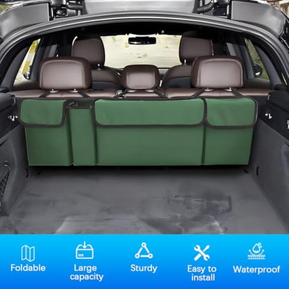 Car Trunk Organizer with Lid, Large Waterproof Vehicle Backseat Hanging Storage Bag with 4 Pockets & Adjustable Straps, Collapsible Automotive Interior Cargo Bag, Universal Fit (Green) - color: Green
