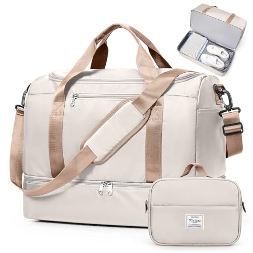 Travel Duffel Bag for Women, Carry-on Overnight Weekender Bags with Wet Pocket & Toiletry Bag, For Spirit Airlines 18x14x8 Personal Item Bag,Small,Beige & Brown - color: Beige & Brown with Toiletry Bag, size: Small