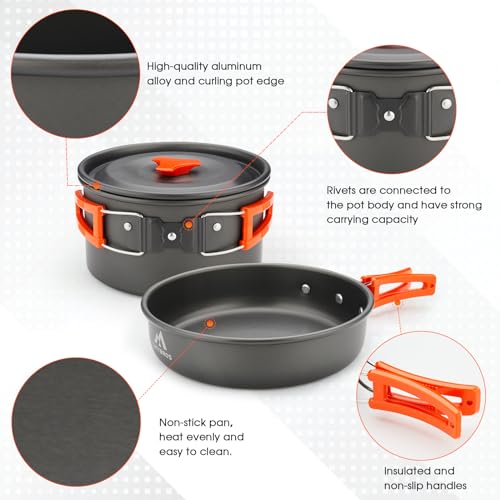 THTYBROS 17pcs Camping Cookware Kit, 0.45Gal Pot, 7inches Pan,0.30Gal Kettle Set with 2 Set Stainless Steel Cups Plates Forks Knives Spoons for Hiking - size: 17 PCS without Stove