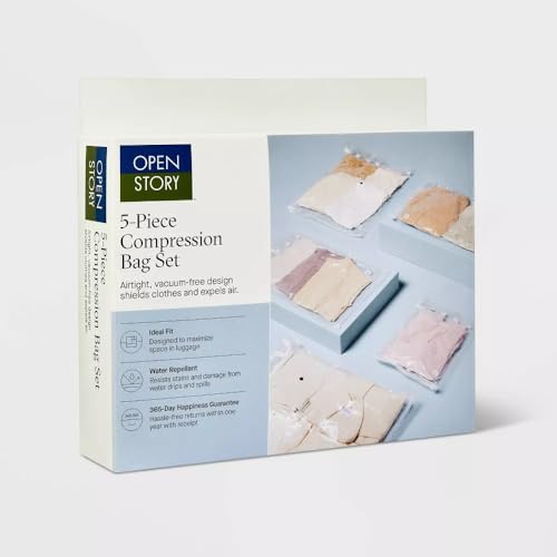 Open Story 5-Piece Compression Packing Bag Set – Airtight & Waterproof Travel Storage Bags – No Vacuum Needed – Space-Saving Zip-Up Organizer for Clothes, Blankets & Luggage