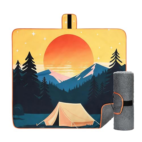 Tirrinia Waterproof Outdoor Blanket with Sherpa Lining, Windproof Triple Layers Warm Comfy Foldable for Camping Stadium, Beach, Picnic, Grass, Concerts, Car, Dog, 51''X 59'' & 59''X 80'' - color: Orange Sun, size: 51” x 59”