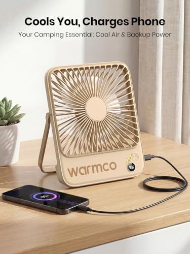 Warmco 10000mAh Portable Travel Fan 7-inch, Up to 24H Runtime, Ultra-thin Quiet Rechargeable Battery Powered Desk Fan with Digital Display for Camping, Office, Bedroom, Cruise Essentials - color: Sand
