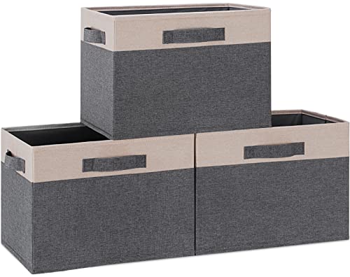 GhvyenntteS Large Fabric Storage Bins for Shelves with 3 Handles, 15x11x9.6 Inch Closet Storage Bins, Sturdy Foldable Storage Baskets for Shelves Closet Bedroom Living Room Office (Beige, Set of 3) - color: Grey & Beige, size: Large-3 Pack