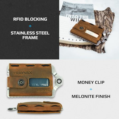 Trayvax Element Wallet, RFID Front Pocket Credit Card Holder with Money Clip, Minimalist Slim Leather Metal Wallet for Men and Women - color: Raw | Tobacco Brown