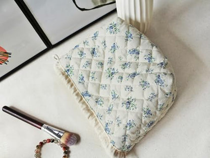 HAPPYHEIDI Large Floral Quilted Cotton Drawstring Makeup Bag Compartment Cosmetic Toiletry Accessory Travel Pouch Purse Organizer, Blue Gourd - color: KJM-Quilted Cotton Pouch with Compartment Set of 1-Blue Gourd
