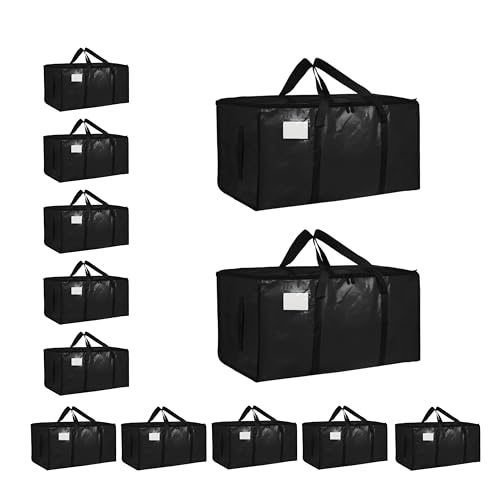 12 Pack-Extra Large Heavy Duty Moving Bags - Waterproof Storage Totes with Handles & Zippers, Foldable for College Dorm, Storage (Black) - color: Black, size: 12
