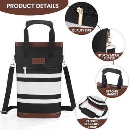 BLUBYEES 2-Bottle Insulated Wine Carrier Tote - Leakproof Padded 900D Oxford Cooler Bag for Travel, Picnics, Beach & Parties - color: Modern Black & White