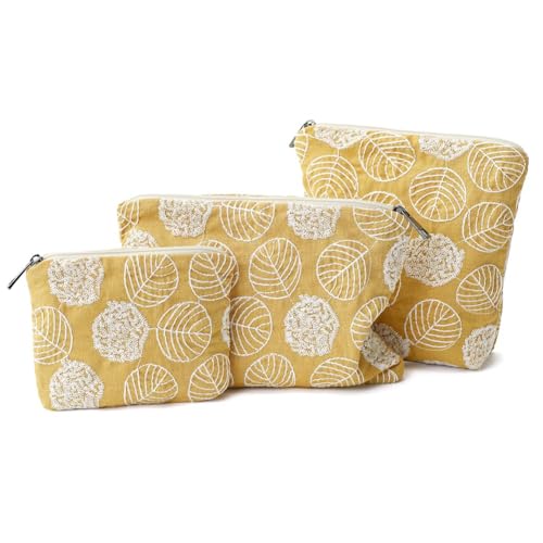 Small Cosmetic Bag Set of 3 for Purse, Yellow Floral Cotton Makeup Bags, 3 Sizes Zipper Pouch Organizer for Travel & Toiletries, Gift for Her Birthday, Bridesmaid & Best Friend - color: YellowLeafEmbroidered/Cotton