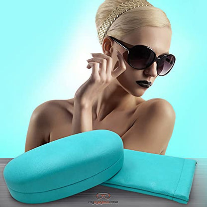 MyEyeglassCase Hard Sunglasses case - Women Glasses Case Holder - Large Durable Eyeglass Case Hard Shell with Pouch & Cloth - color: Z-combo As113 Turquoise
