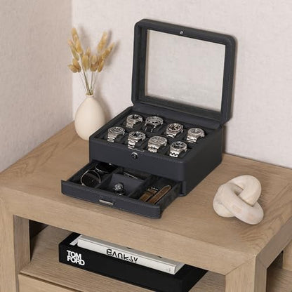 ROTHWELL 8 Slot Leather Watch Box with Valet Drawer - Luxury Case Display Jewelry Organizer, Locking Display Case Holder with Real Glass Top - Watch Box Organizer for Men & Women (Carbon) - color: 8 Slot - Carbon
