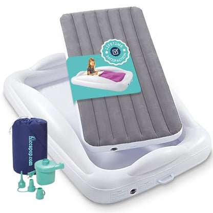 Hiccapop Inflatable Toddler Travel Bed with Safety Bumpers [4-Sided], Portable Toddler Bed for Kids, Toddler Air Mattress, Kids Air Mattress - Grey - color: Grey
