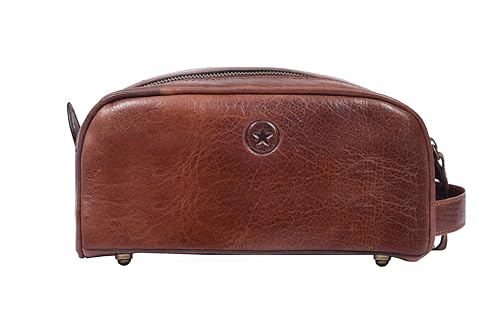 10" Premium Leather Toiletry Travel Pouch With Waterproof Lining | King-Size Handcrafted Vintage Dopp - Kit Gift for Father's Day By Aaron Leather Goods - color: Bone Brown